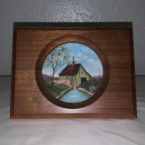 Vintage 1960-1970 miniature painting of a waterwheel house in solid wooden frame
